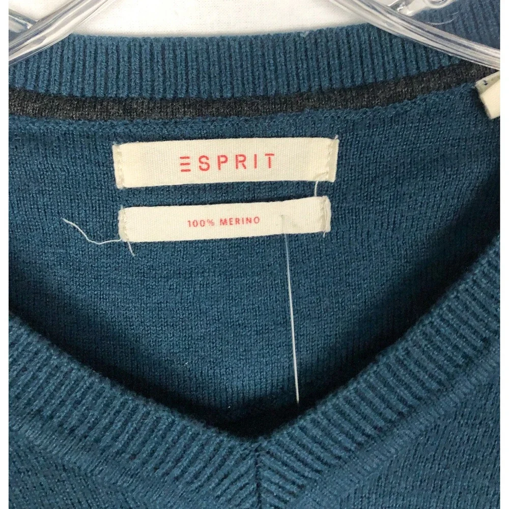 Esprit‎ Blue Long Sleeve V-Neck Knit Sweater Mens Size S 100% merino wool